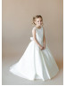 Ivory Lace Satin Open V Back Flower Girl Dress With Sweep Train Ivory Lace Satin Open V Back Flower Girl Dress With Sweep Train
